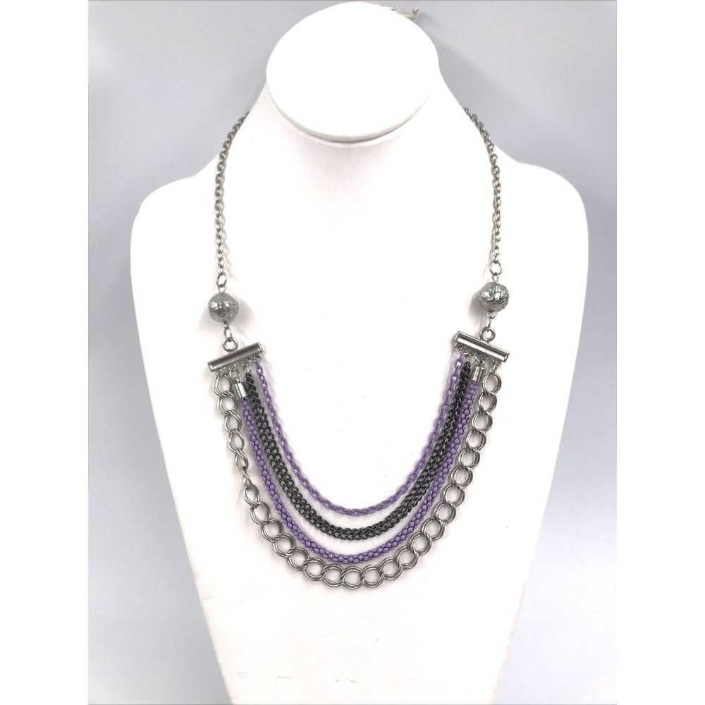 Purple Silver 5 STRAND Chain‎ Necklace HIBISCUS metal black 22"